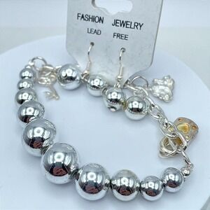 Y2K Circa 2010s Silver-Tone Key Bear Lock Charm Bracelet & Dangle Earrings‎ Set
